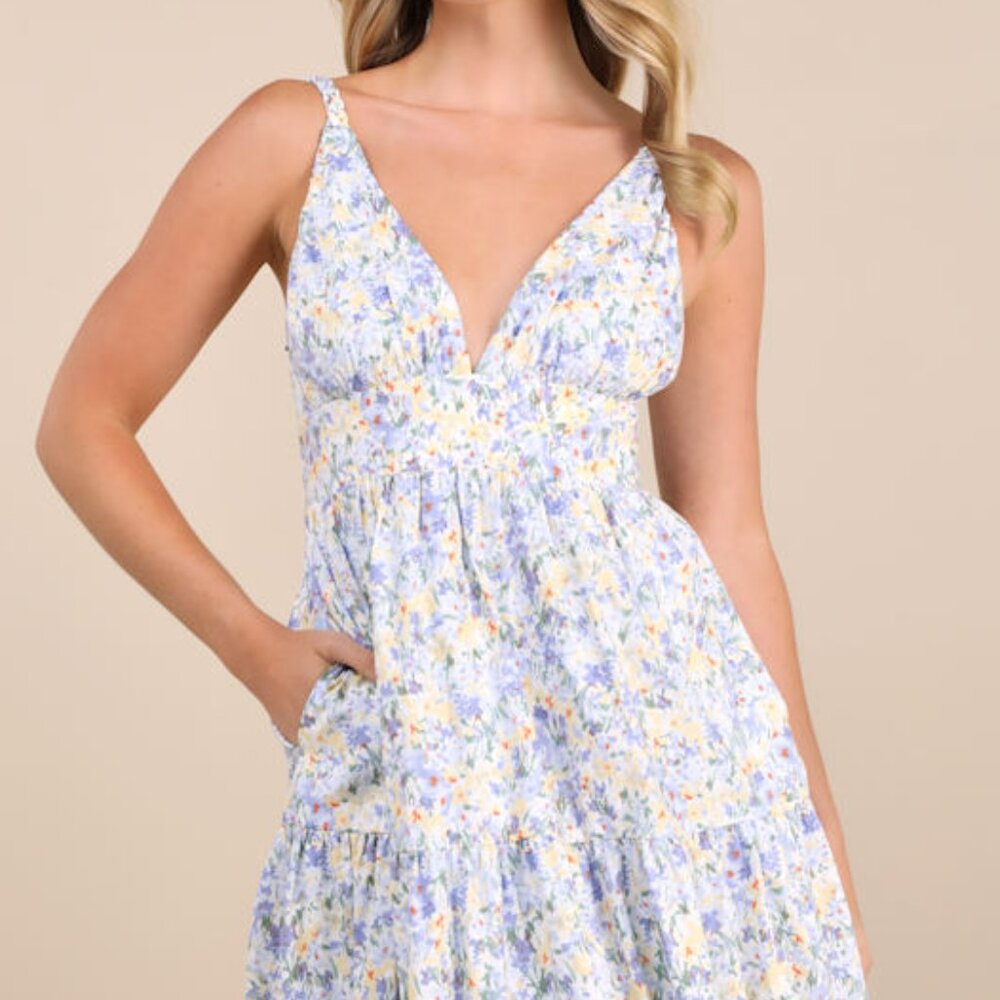 Lulus Brightly Blossoming Light Blue Floral Tiered Midi Dress - Size S